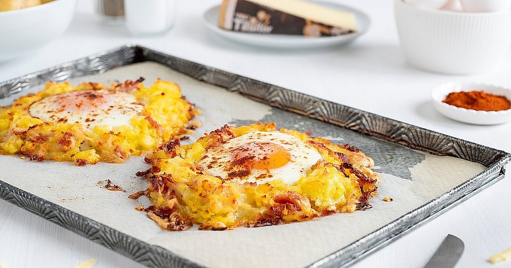 Ofenrösti-Nester mit Tilsiter und Ei